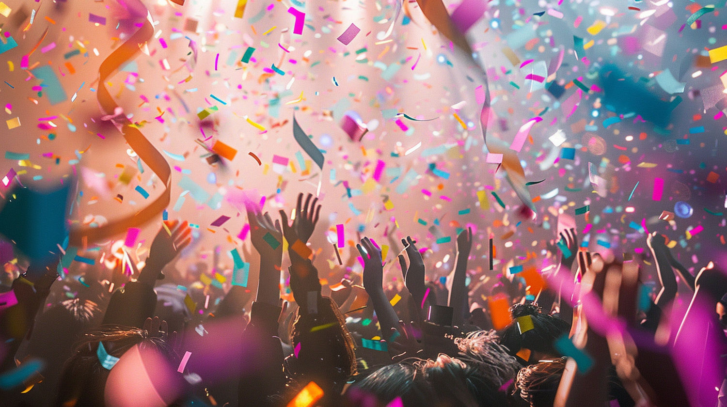 Multidão a dançar e celebrar num festival ao ar livre em Ibiza, com luzes, confetis e um ambiente vibrante típico da ilha