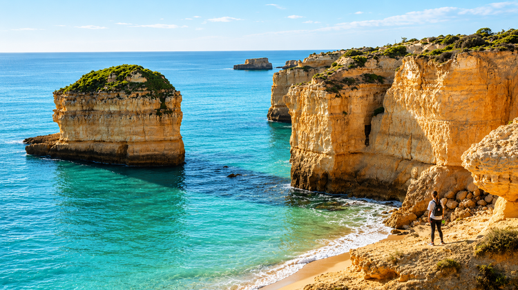 View of Praia da Marinha in Lagoa, Algarve, Portugal, featuring limestone sea stacks and turquoise Atlantic water along the rocky coastline.