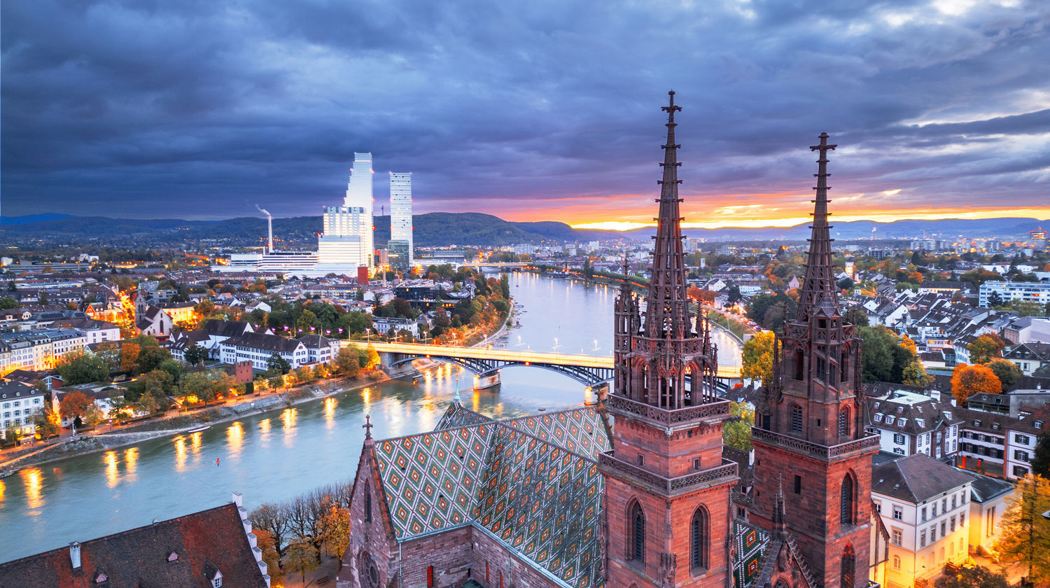 Basel Minster and Rhine River View in Basel, Switzerland