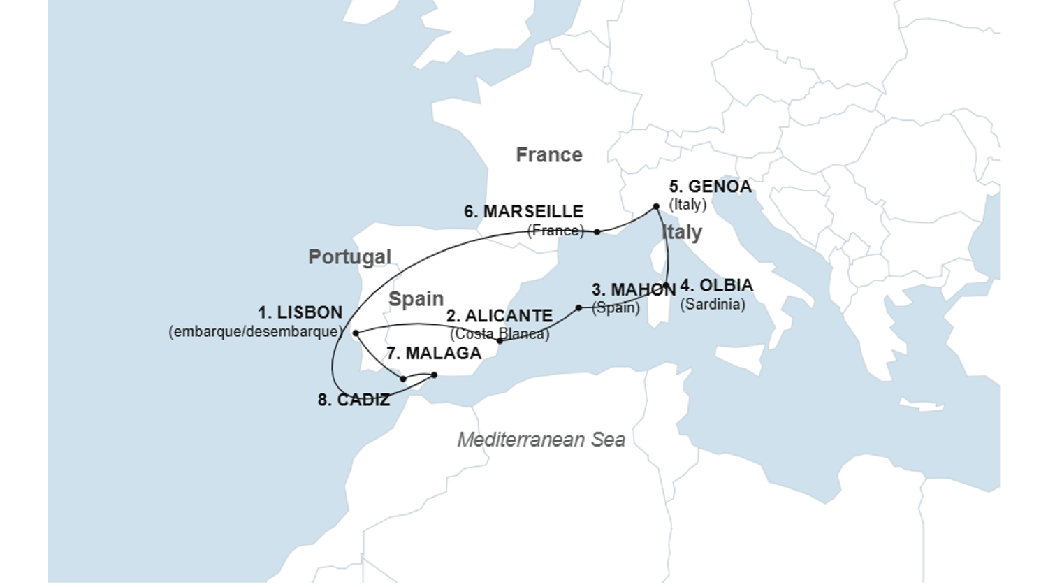 10 nights Western Mediterranean from Lisbon Cruise Map