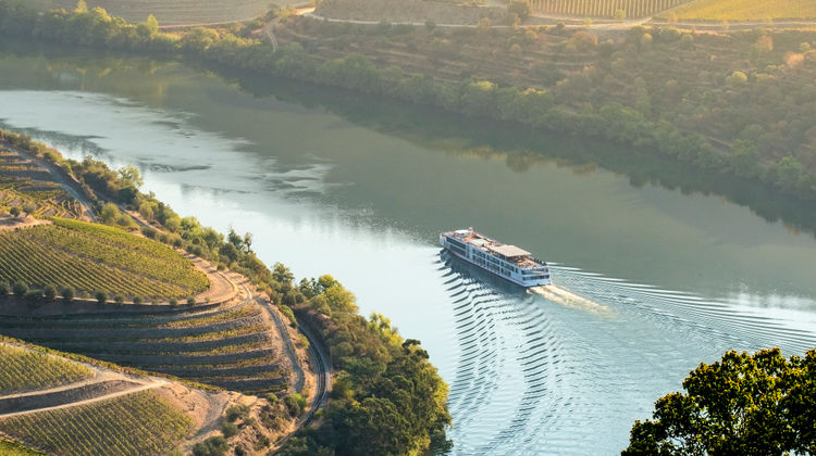 Scenic view of a river cruise sailing through the Douro Valley in northern Portugal, surrounded by terraced vineyards and rolling hills under clear skies.