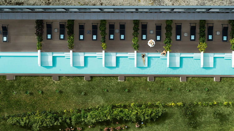 Aerial view of terrace rooms with private pools at Octant Furnas, São Miguel Island