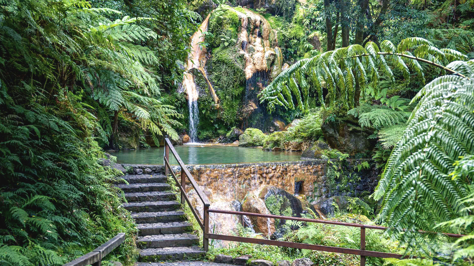 Wooden walkway leading through the tropical vegetation of Caldeira Velha