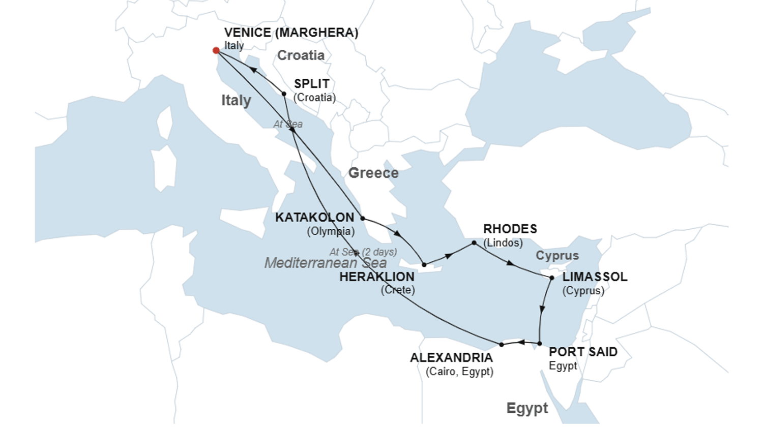 Eastern Mediterranean Cruise Route Map from Venice