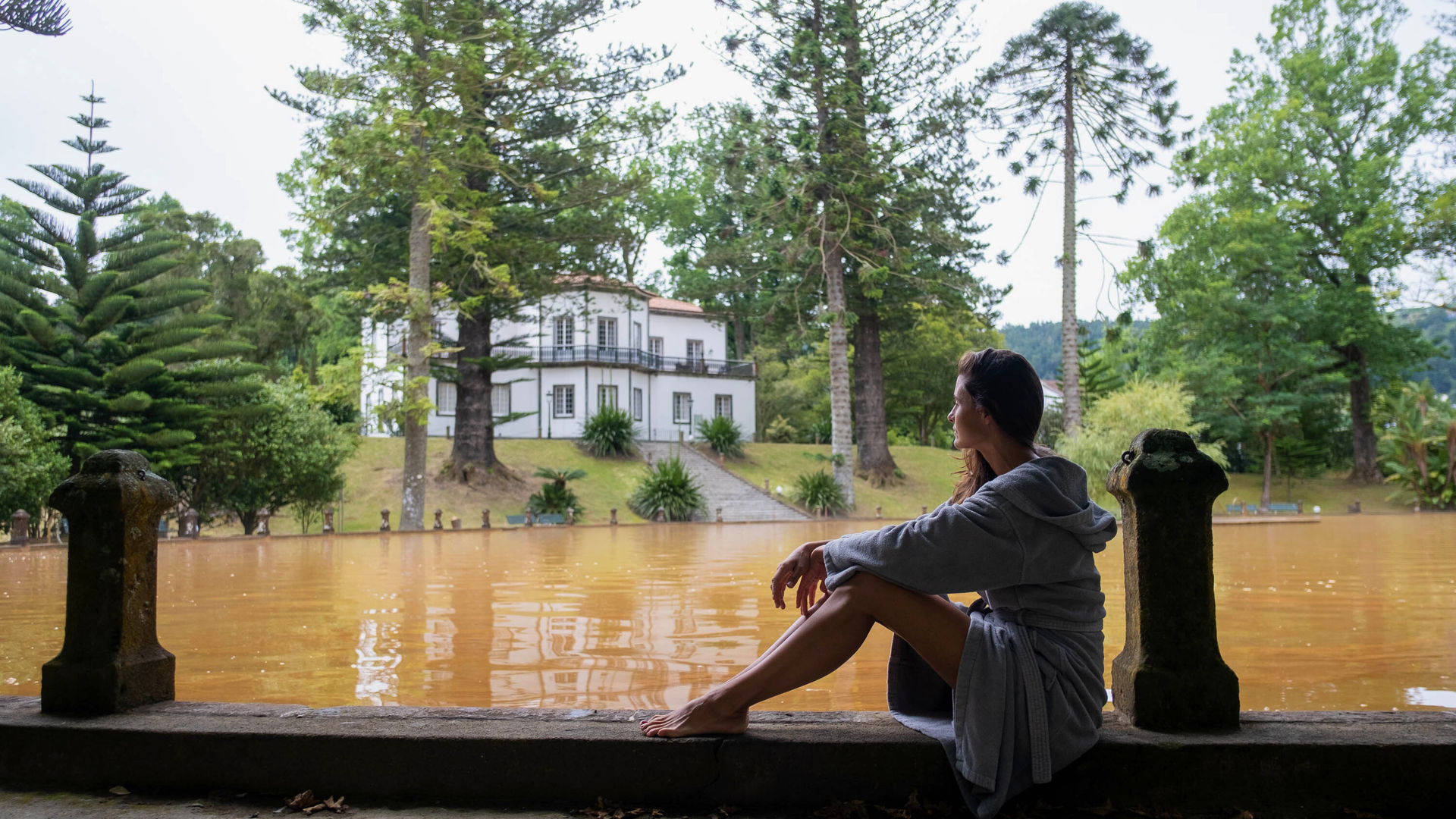 Peaceful moment by the geothermal pool at Terra Nostra Garden