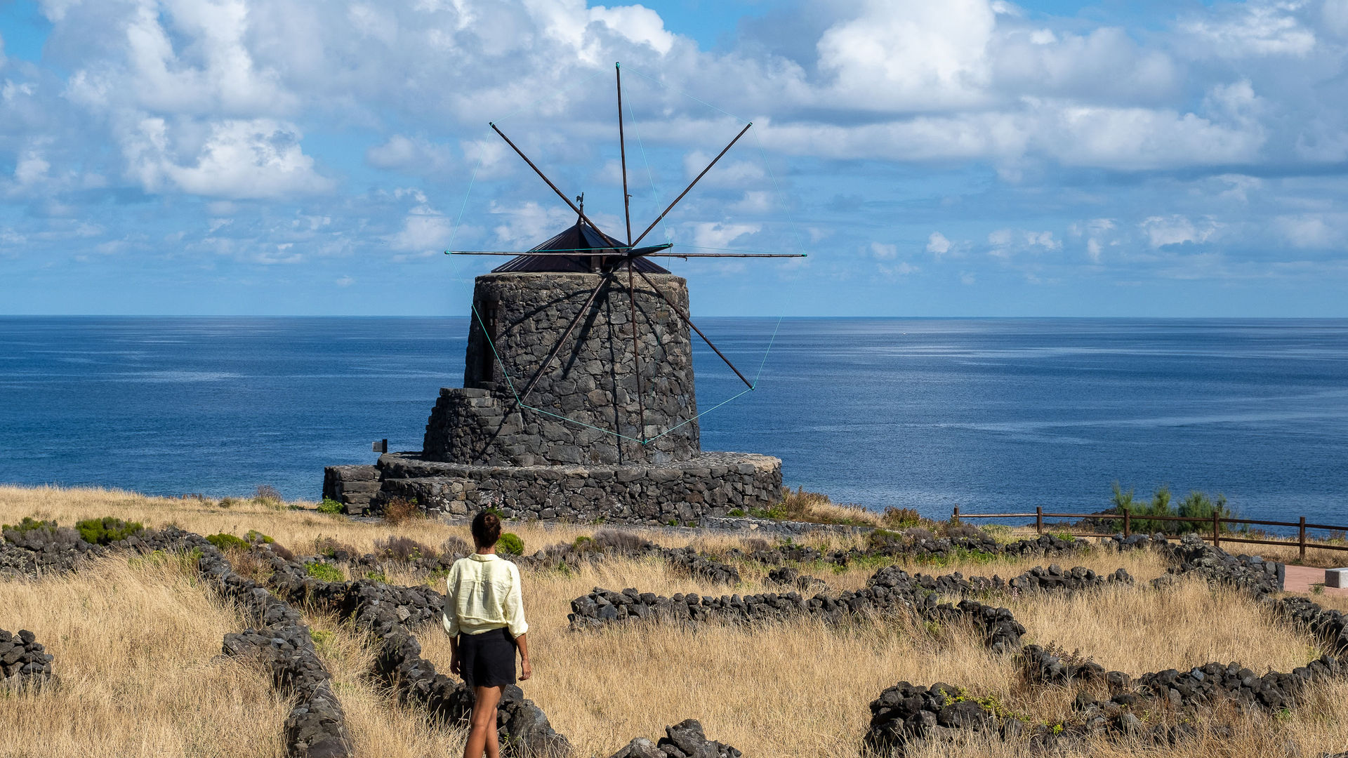 Traditional windmills overlooking the sea, Corvo Island