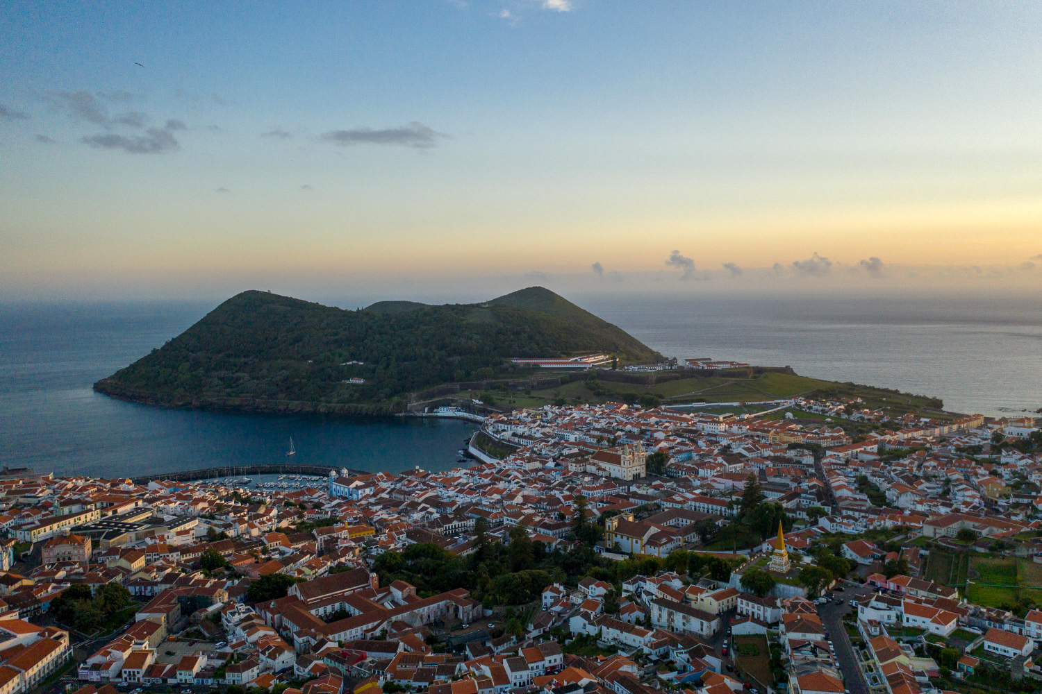 Aerial view of Angra do Heroísmo at sunset, Terceira