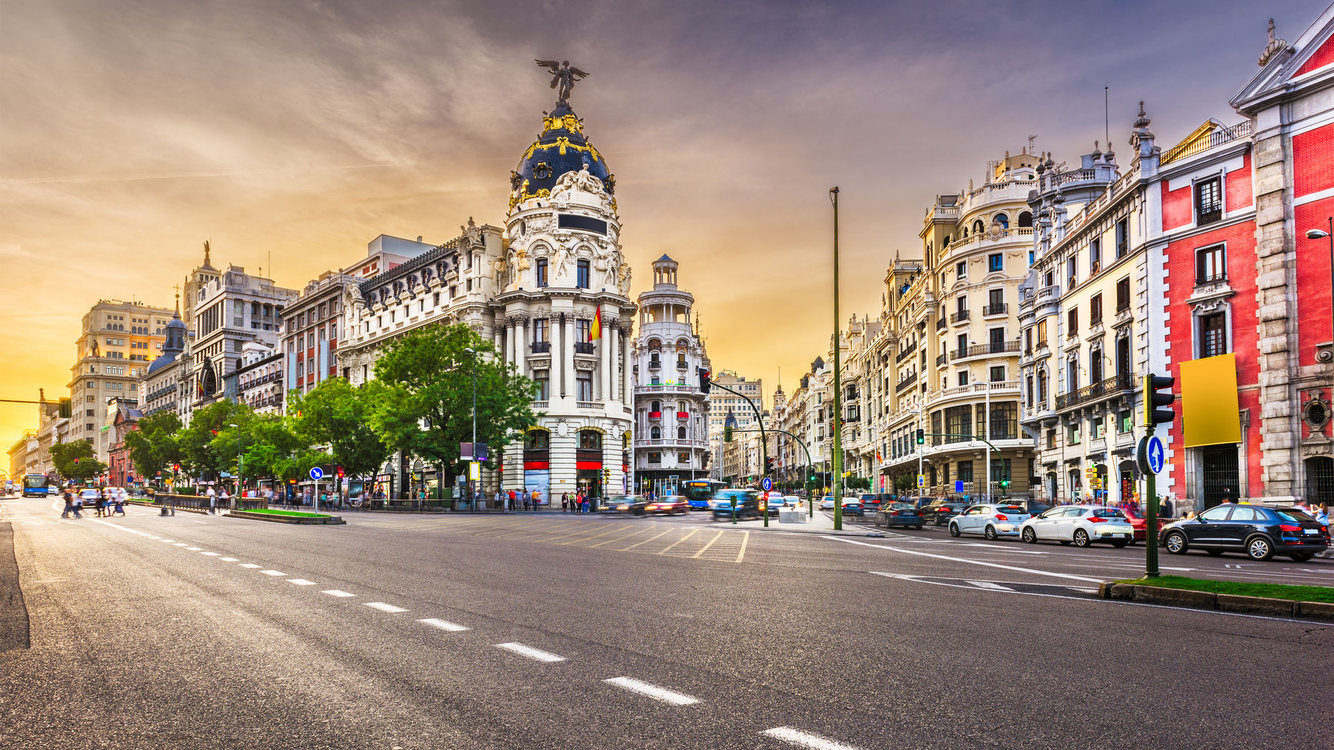 Evening Light on Gran Vía and the Metropolis Building, Madrid, Spain