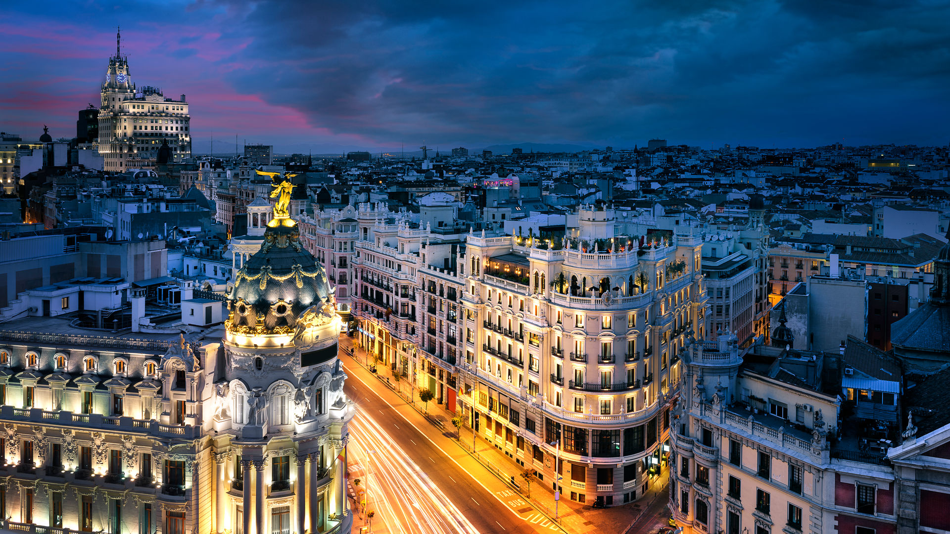 Nightfall on Gran Vía, Madrid, Spain