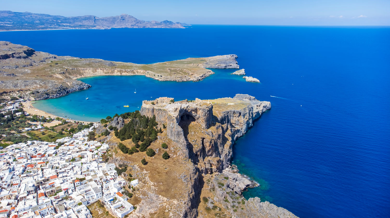 View of Rhodes and Acropolis of Lindos, Greece
