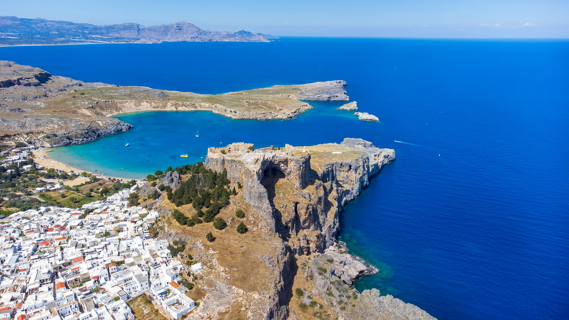View of Rhodes and Acropolis of Lindos, Greece