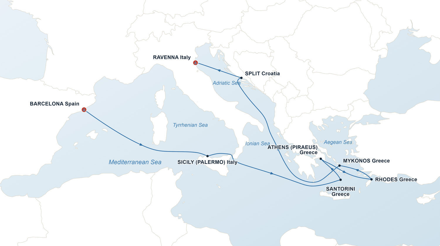 Cruise Route Map, Barcelona to Ravenna, Europe