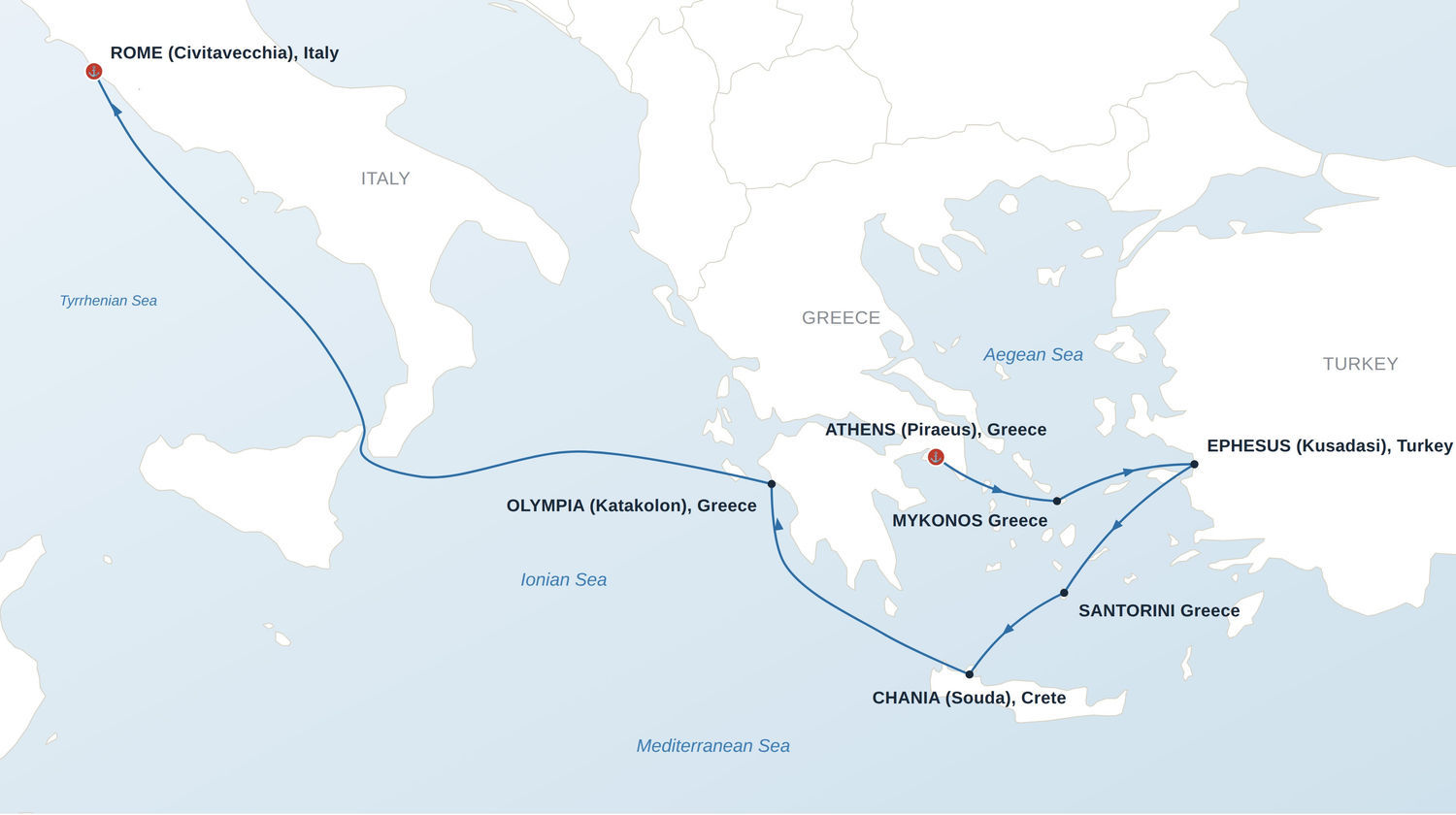 Cruise Route Map, Athens to Rome, Greece and Italy