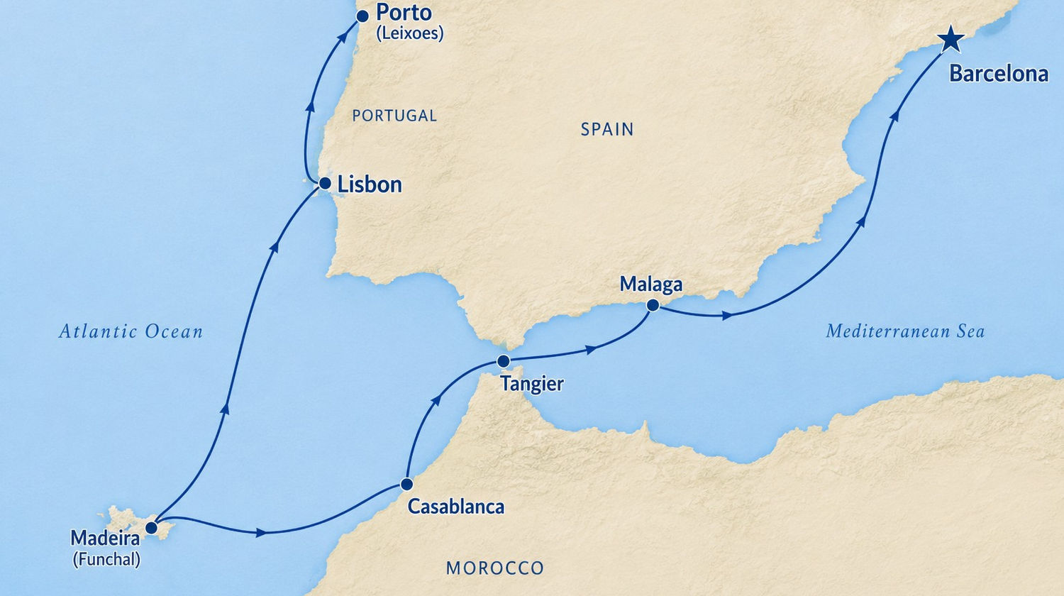 Cruise Route Map, Portugal, Morocco & Spain
