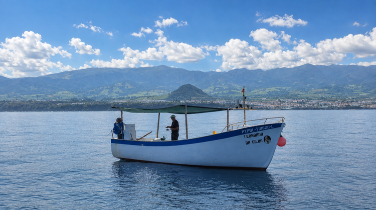 A traditional wooden fishing boat sails calm coastal waters near Rabo de Peixe on São Miguel Island, Azores, Portugal, with green volcanic hills in the background.
