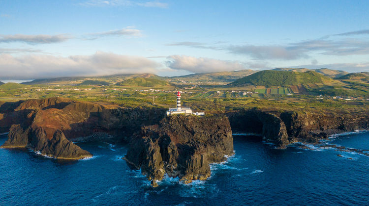 Aerial view of coastal rock formations and cliffs at Ponta da Barca, Graciosa Island, Azores