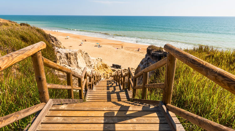 Scenic wooden staircase leading down to Praia da Falésia in the Algarve, surrounded by striking red and orange cliffs