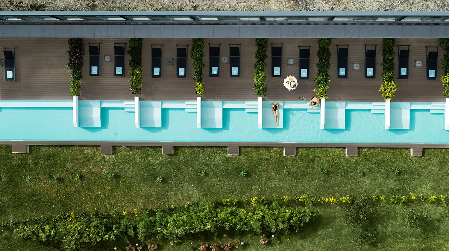 Aerial view of terrace rooms with private pools at Octant Furnas, São Miguel Island