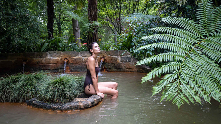 Woman relaxing in the thermal pool at Terra Nostra Park surrounded by tropical vegetation in Furnas