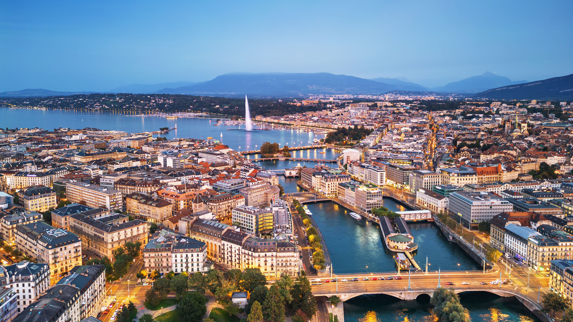 Geneva Cityscape and Rhône River, Geneva, Switzerland