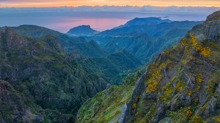 Scenic view of Madeira’s lush green mountains and deep valleys under a clear sky