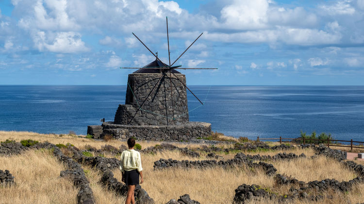 Traditional windmills overlooking the sea, Corvo Island