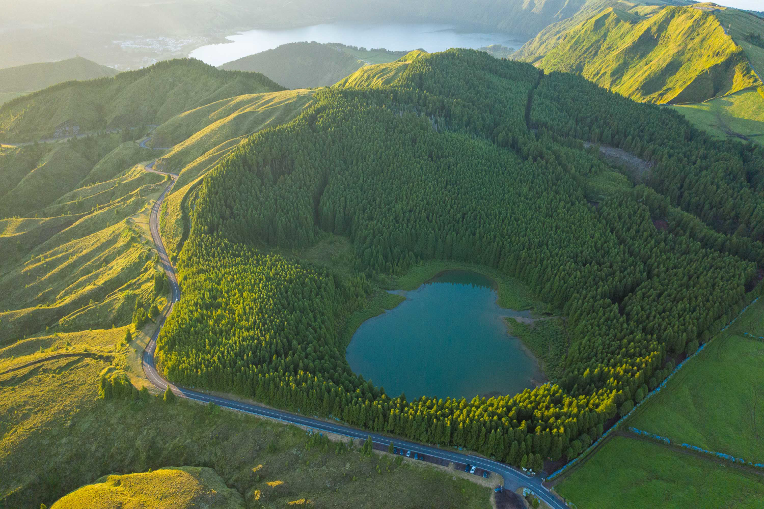 Aerial view of Sete Cidades and Lagoa Rasa, São Miguel