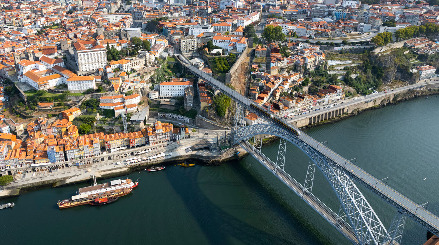 Aerial View of Dom Luís I Bridge Connecting Porto and Vila Nova de Gaia