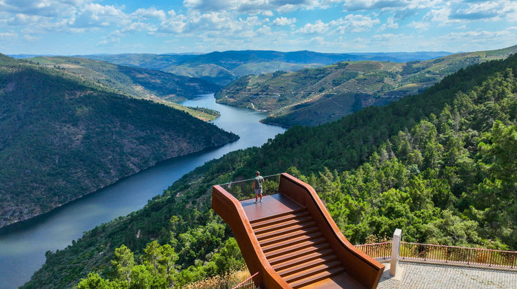 Scenic view from Urro Viewpoint in Alijó overlooking the Douro River and terraced vineyards in northern Portugal.