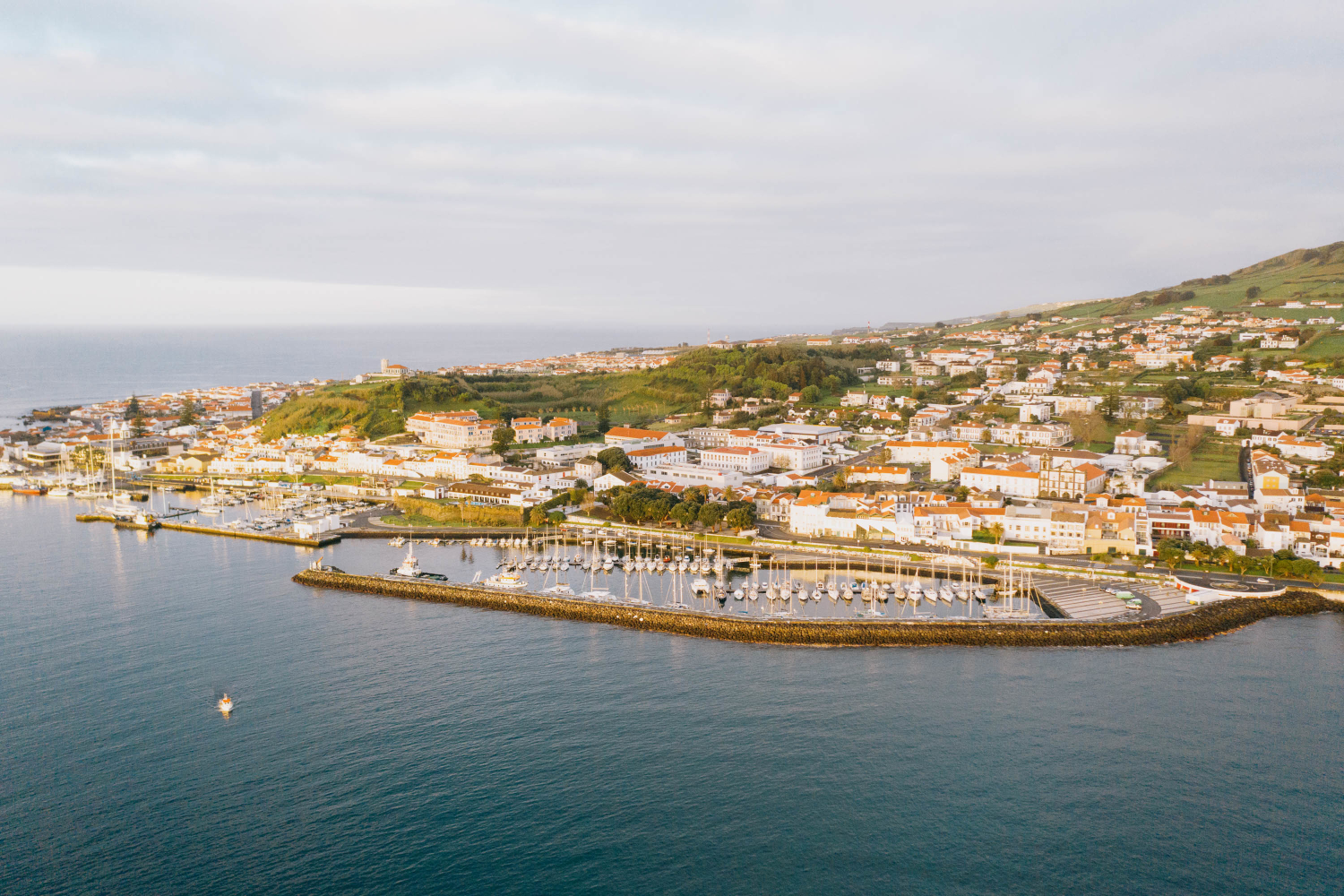 Coastal view of Horta City with colorful buildings and marina on Faial Island, Azores