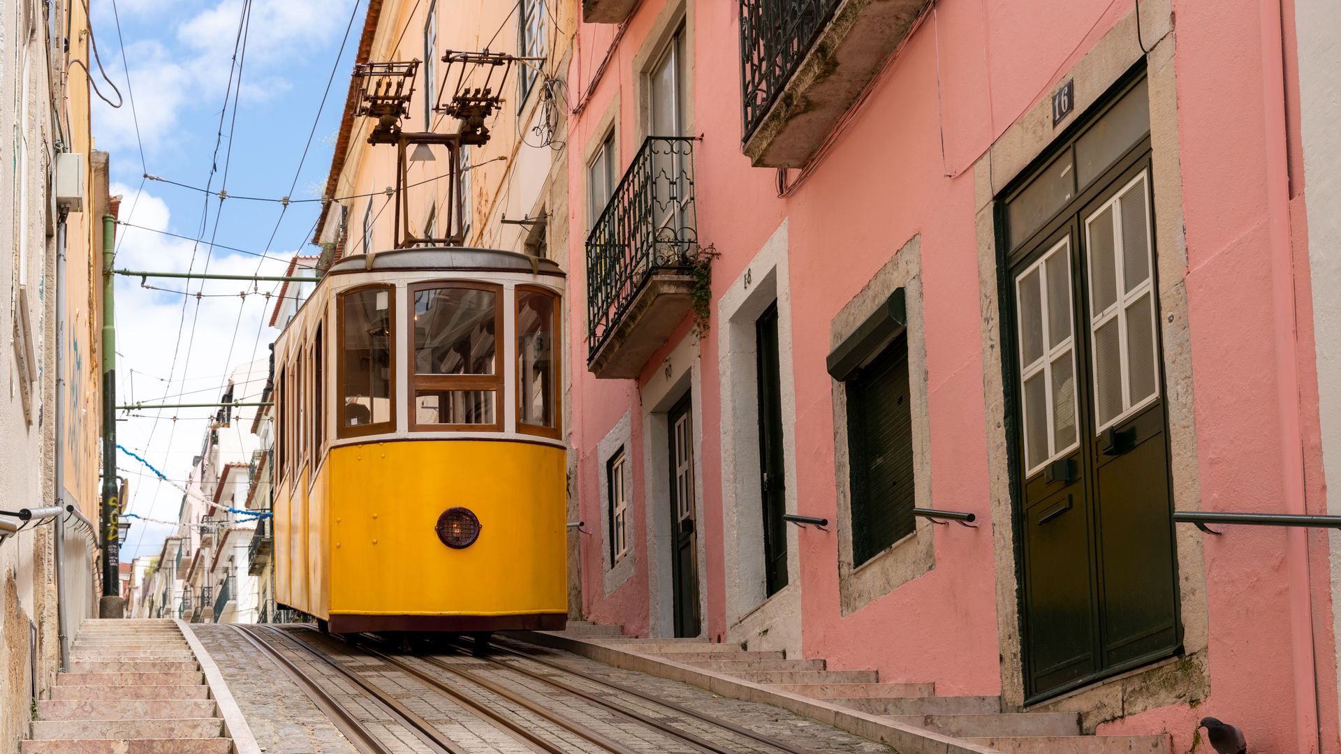 Historic Yellow Tram on the Bica Funicular Line, Lisbon, Portugal