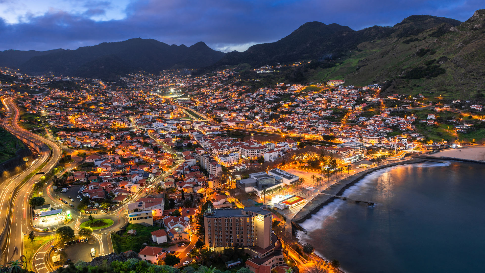 Night View of Machico Town and Bay in Madeira Island