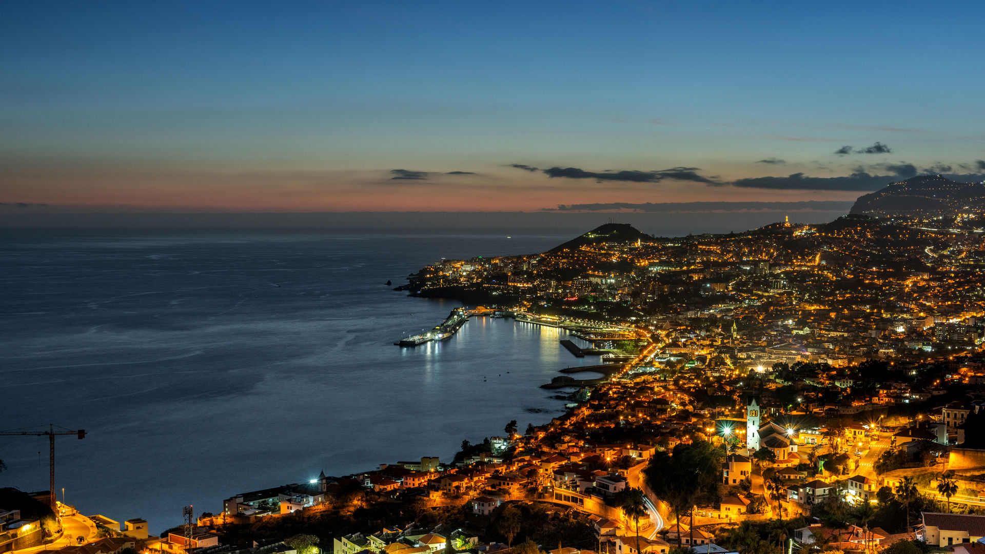 Funchal cityscape illuminated at night, Madeira Island