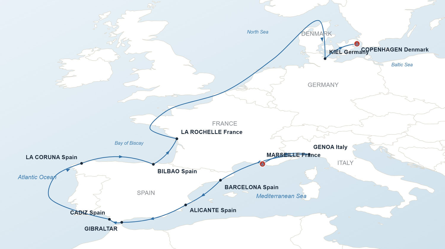 Cruise Itinerary Map, Mediterranean to Northern Europe