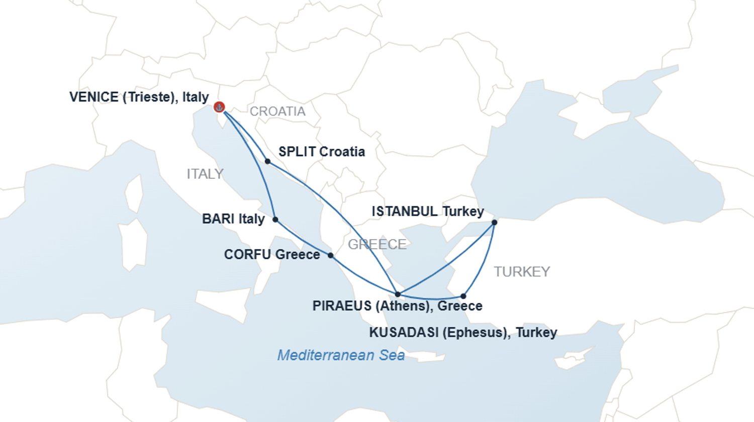 Cruise Route Map, Eastern Mediterranean