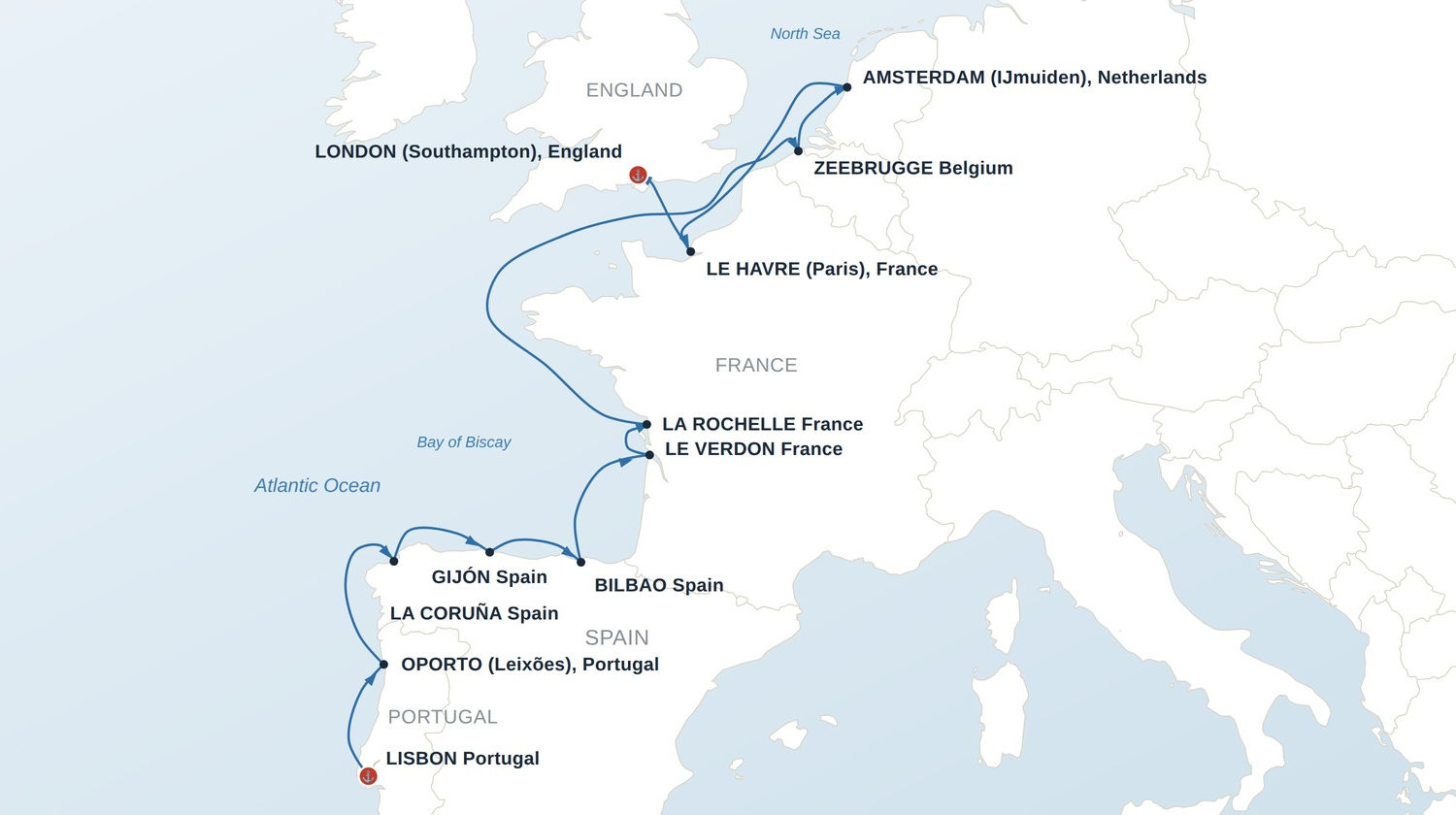 Cruise Route Map, Lisbon to London
