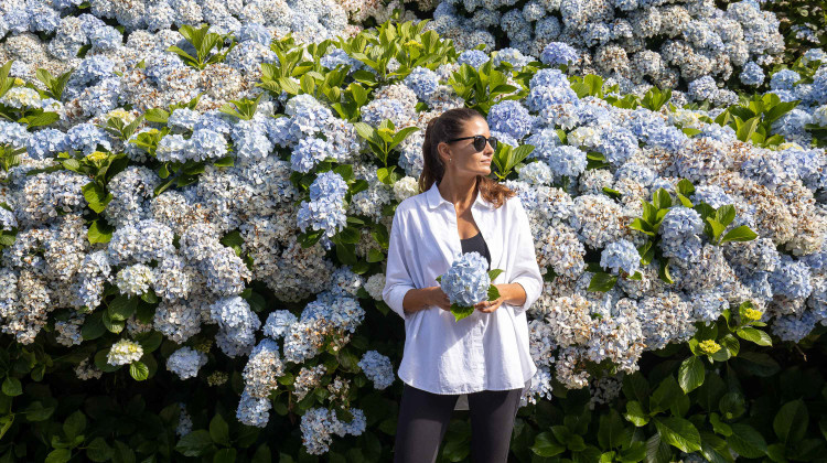 Woman standing next to vibrant blue hydrangeas on a country path in São Miguel Island, Azores