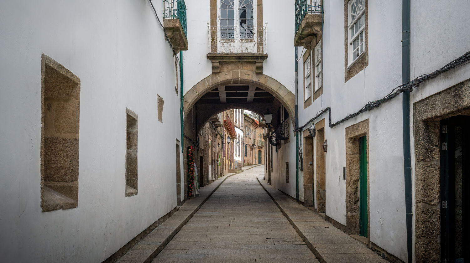 Arched house in the medieval street of Santa Maria, Guimarães