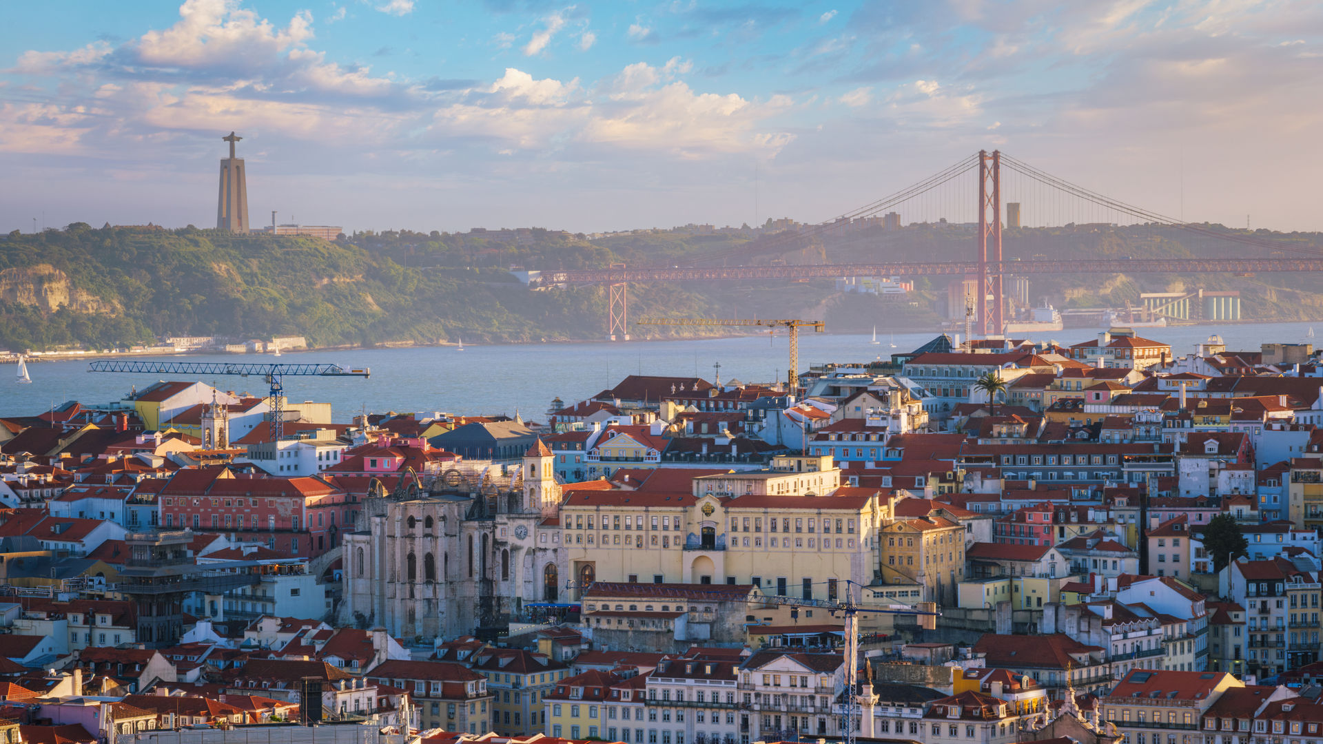 Sweeping Views Over Lisbon and the 25 de Abril Bridge, Portugal