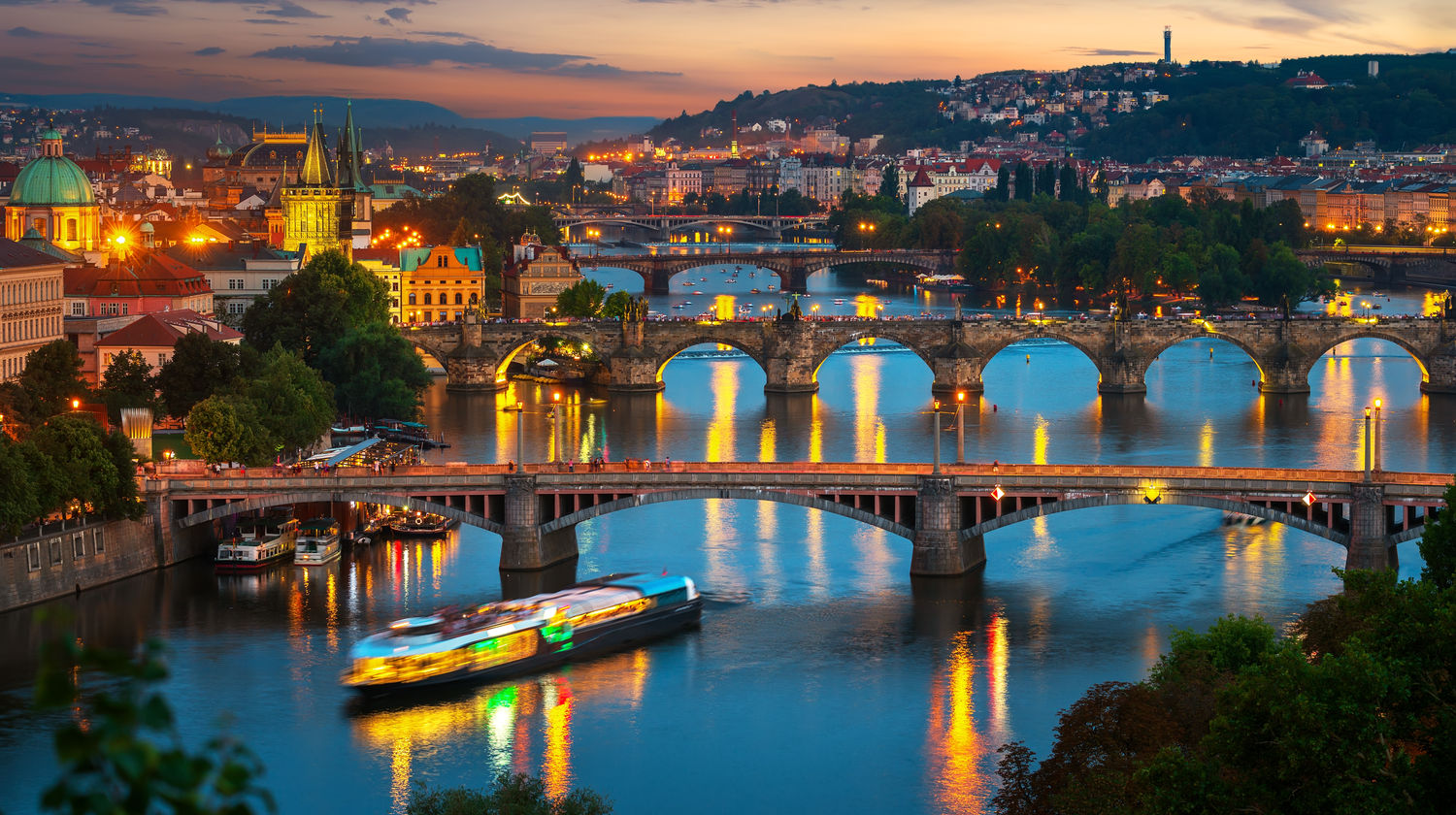Illuminated bridges in Prague, Czech Republic