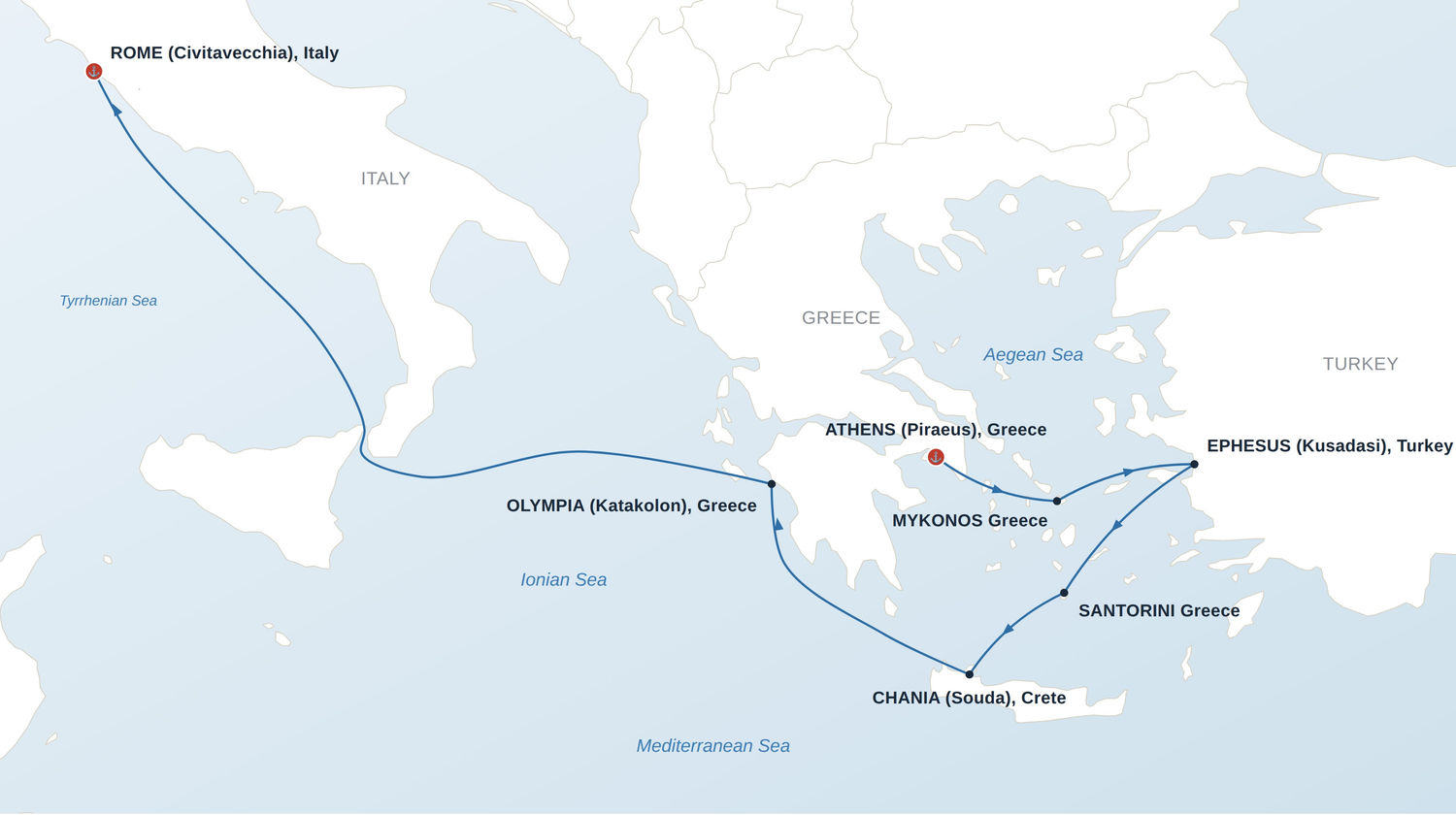 Cruise Route Map, Athens to Rome, Greece and Italy