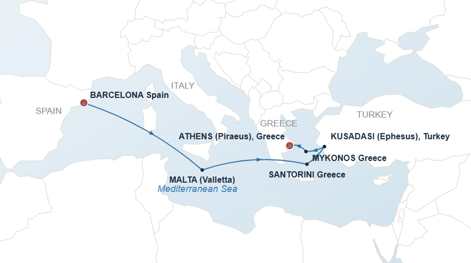 Cruise Itinerary Map, Mediterranean Sea