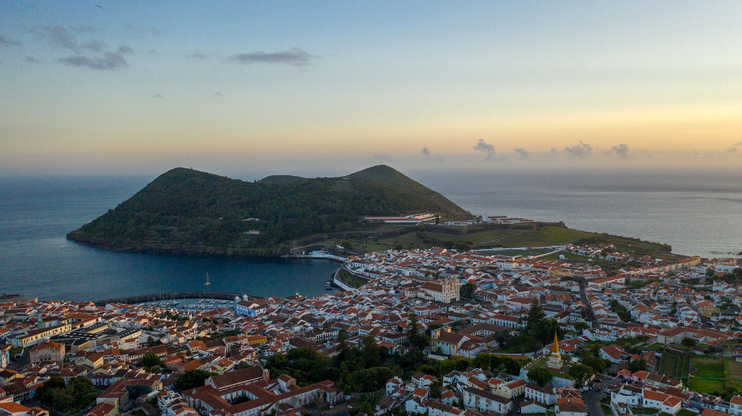 Aerial view of Monte Brasil e Angra do Heroísmo, Terceira, Açores, Portugal