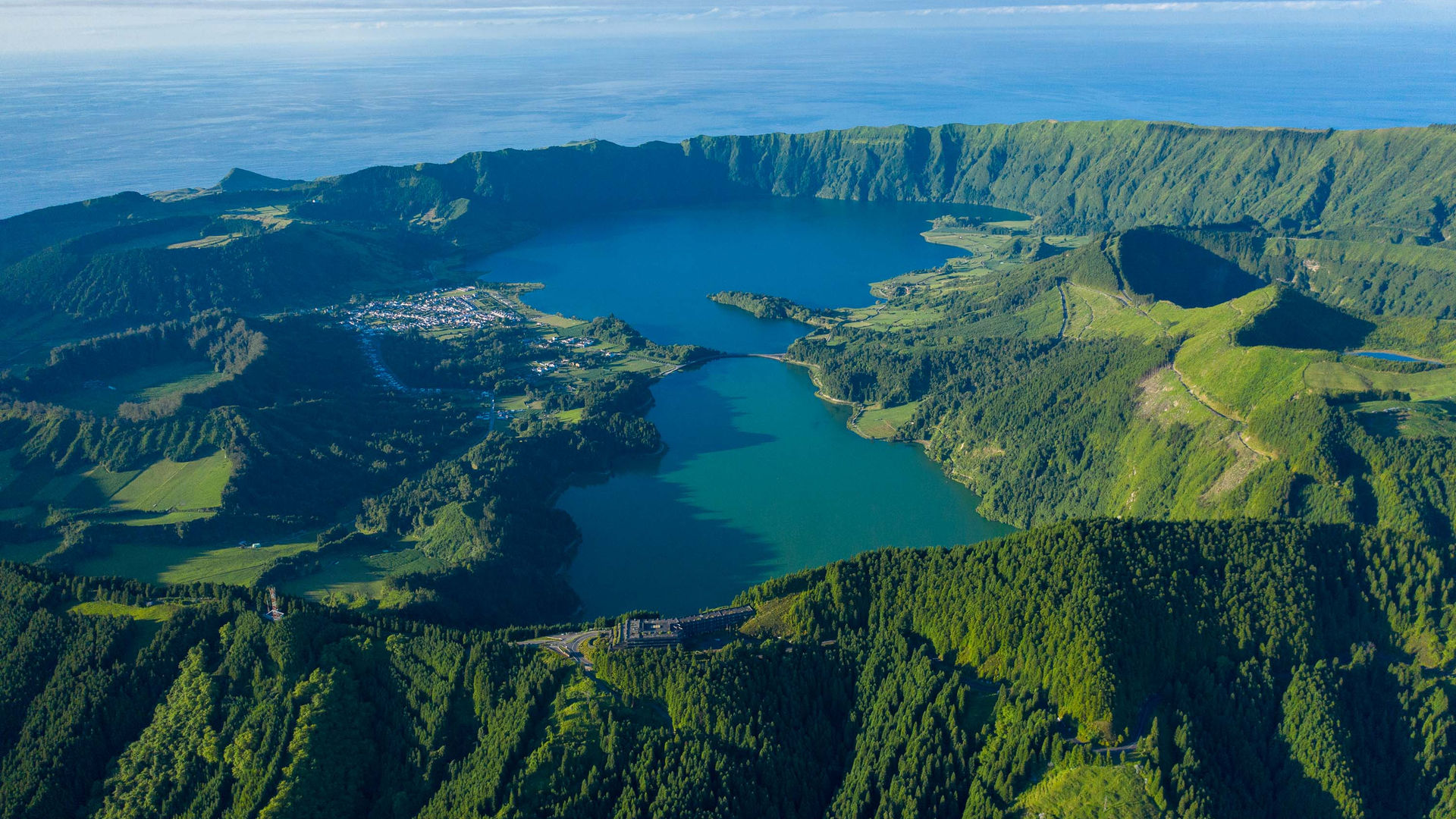 Twin lakes nestled in the Sete Cidades volcanic caldera