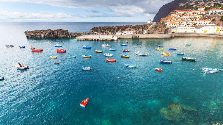 Colorful fishing boats in the bay of Câmara de Lobos, Madeira Island