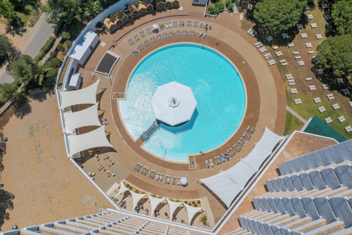 Aerial view of the circular pool at Pestana Blue Alvor All Inclusive Beach & Golf Resort in the Algarve.