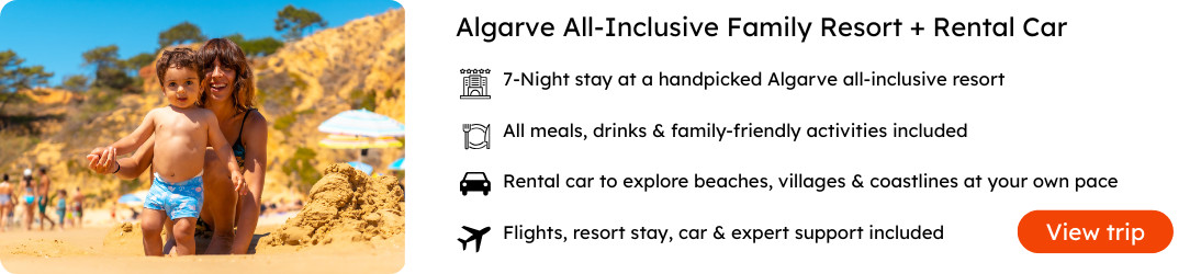 Algarve All-Inclusive Family Resort Package with Flights, Meals & Rental Car Mother and child enjoying the beach in the Algarve, promoting an all-inclusive family resort package with flights, meals, and rental car included.