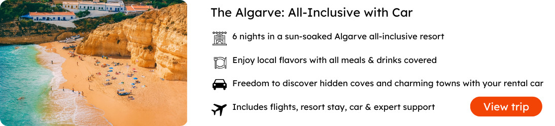 Algarve All-Inclusive Holiday with Flights, Resort & Rental Car Golden beach and cliffs in the Algarve, promoting an all-inclusive holiday package with flights, resort stay, and rental car included