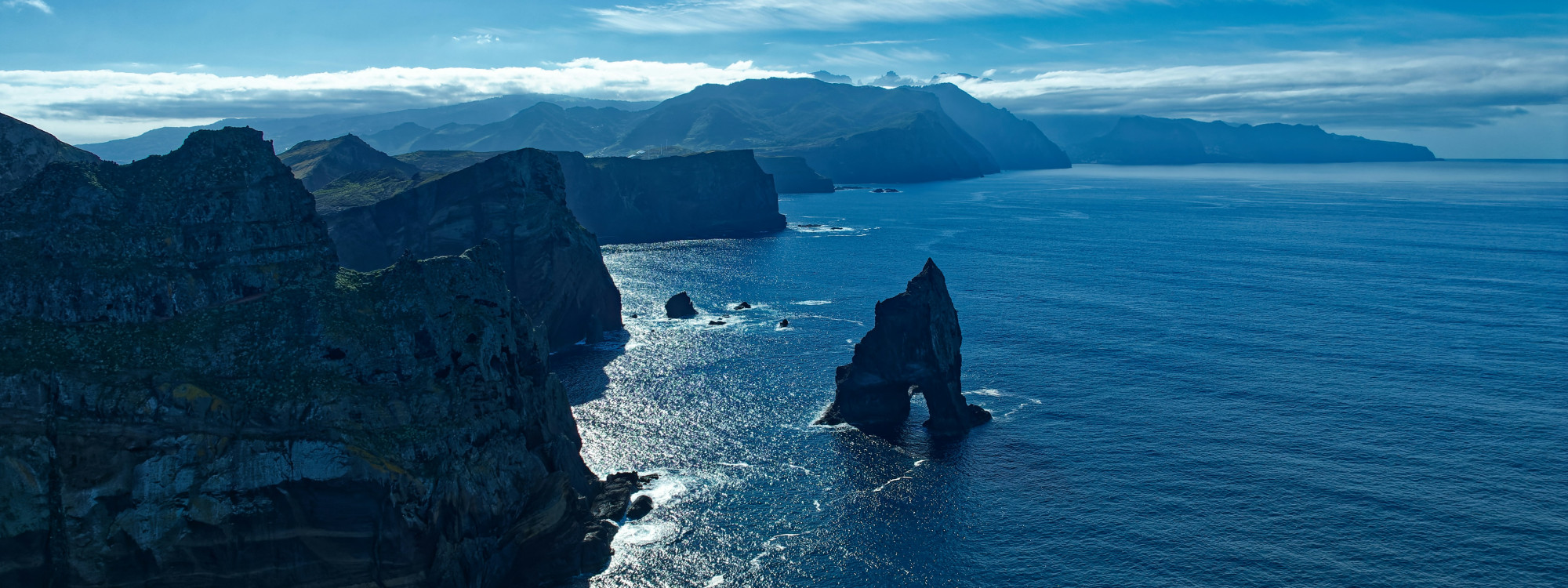 Aerial view of the rocky Ponta de São Lourenço peninsula and sea stacks along Madeira's coastal hiking trail