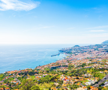 Elevated view of Funchal Bay on Madeira Island, Portugal, showing the city spreading across green hills beside the Atlantic Ocean. Coastal neighbourhoods and terraced landscapes follow the curve of the shoreline.